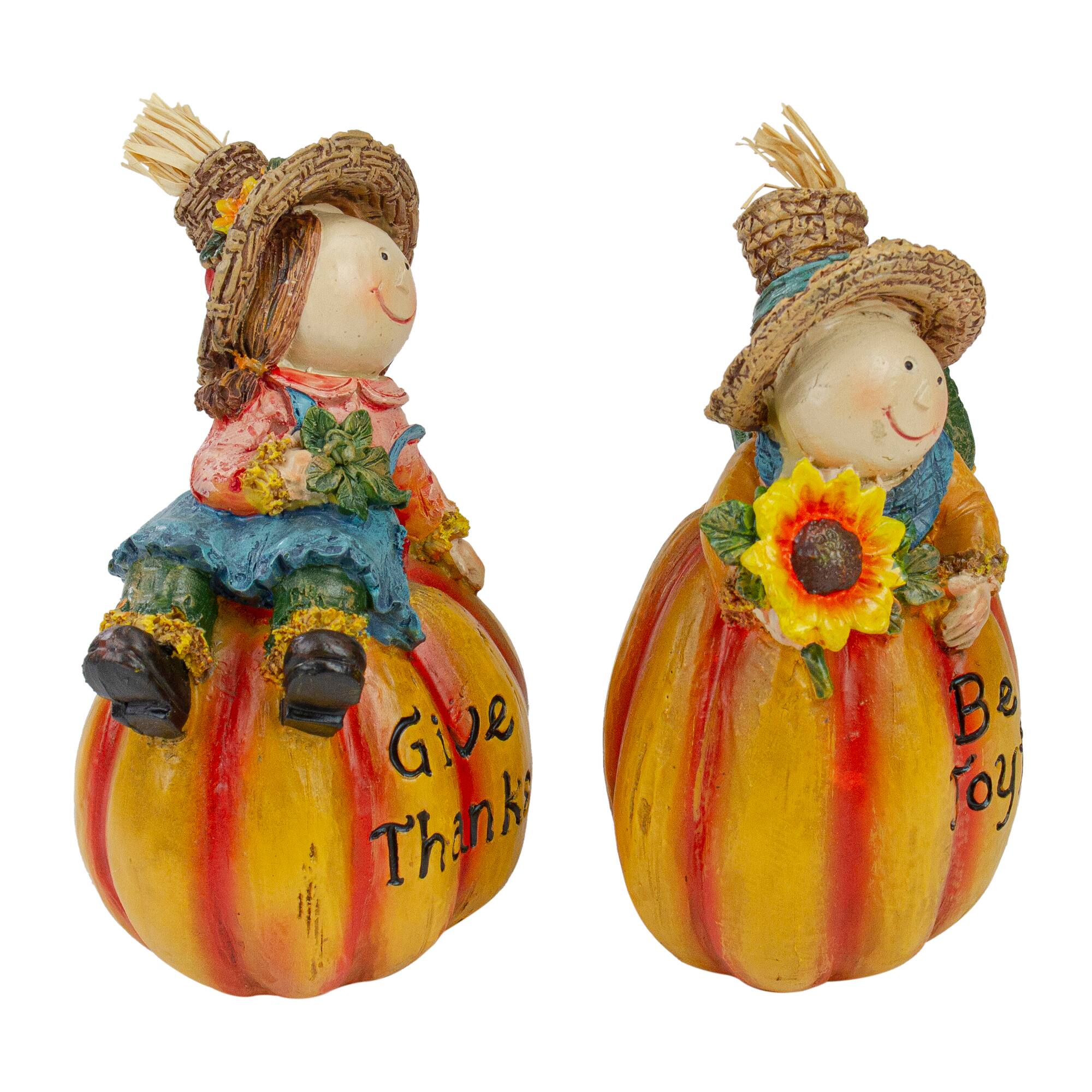 6.5" Girl & Boy Scarecrow Pumpkins Fall Figurines Set